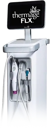 Thermage FLX system with its handpiece and treatment tip, product shot on white