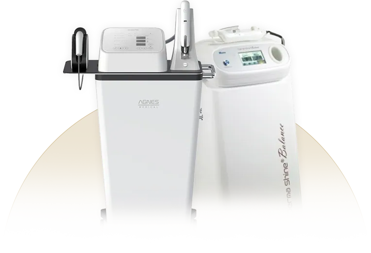 Two white treatment devices side by side, the one on the right labelled Derma Shine Balance